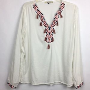 Long sleeve linen embroidered/tasseled shirt